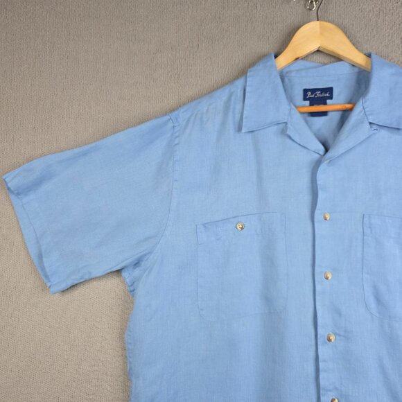 Paul Fredrick Shirt Men Size Large Light Blue 100% Linen Relaxed Fit Camp Collar - Picture 5 of 12